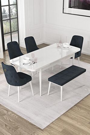 Rovena Mateo Beyaz 80x132 Açılabilir Suntalam Yemek Odası Takımı 4 Adet Sandalye+1 Bench