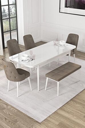 Rovena Mateo Beyaz 80x132 Açılabilir Suntalam Yemek Odası Takımı 4 Adet Sandalye+1 Bench