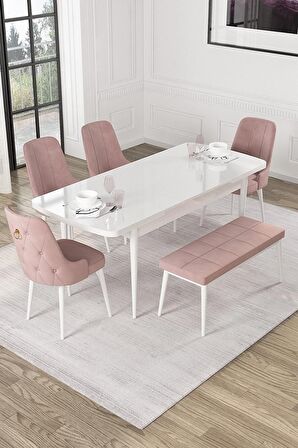 Rovena Mateo Beyaz 80x132 Açılabilir Suntalam Yemek Odası Takımı 4 Adet Sandalye+1 Bench