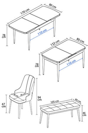 Rovena Mateo Meşe 80x132 Açılabilir Suntalam Yemek Odası Takımı 4 Adet Sandalye+1 Bench