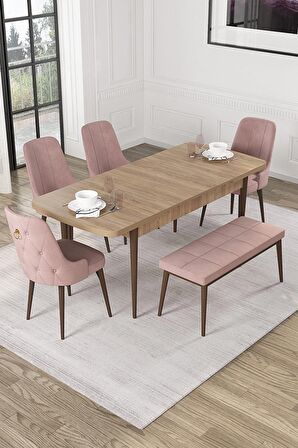 Rovena Mateo Meşe 80x132 Açılabilir Suntalam Yemek Odası Takımı 4 Adet Sandalye+1 Bench