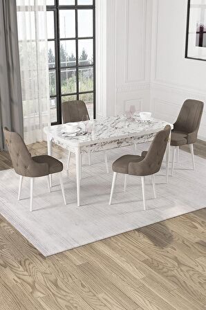 Rovena Mateo Beyaz Mermer 80x132 Açılabilir Suntalam Yemek Odası Takımı 4 Adet Sandalye