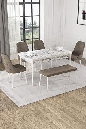 Rovena Mateo Beyaz Mermer 80x132 Açılabilir Suntalam Yemek Odası Takımı 4 Adet Sandalye+1 Bench
