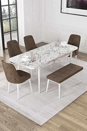 Rovena Mateo Beyaz Mermer 80x132 Açılabilir Suntalam Yemek Odası Takımı 4 Adet Sandalye+1 Bench