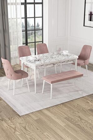 Rovena Mateo Beyaz Mermer 80x132 Açılabilir Suntalam Yemek Odası Takımı 4 Adet Sandalye+1 Bench