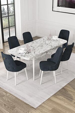 Rovena Mateo Beyaz Mermer 80x132 Açılabilir Suntalam Yemek Odası Takımı 6 Adet Sandalye