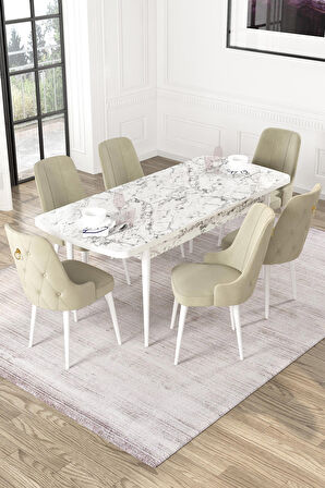 Rovena Mateo Beyaz Mermer 80x132 Açılabilir Suntalam Yemek Odası Takımı 6 Adet Sandalye