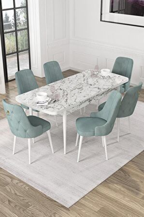 Rovena Mateo Beyaz Mermer 80x132 Açılabilir Suntalam Yemek Odası Takımı 6 Adet Sandalye