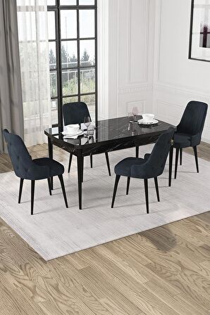 Rovena Mateo Siyah Mermer 80x132 Açılabilir Suntalam Yemek Odası Takımı 4 Adet Sandalye