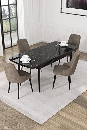 Rovena Mateo Siyah Mermer 80x132 Açılabilir Suntalam Yemek Odası Takımı 4 Adet Sandalye