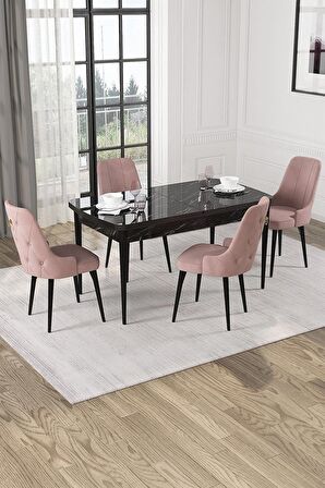 Rovena Mateo Siyah Mermer 80x132 Açılabilir Suntalam Yemek Odası Takımı 4 Adet Sandalye