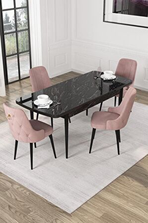 Rovena Mateo Siyah Mermer 80x132 Açılabilir Suntalam Yemek Odası Takımı 4 Adet Sandalye