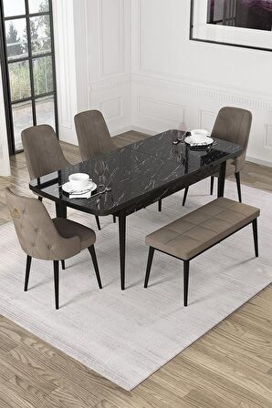 Rovena Mateo Siyah Mermer 80x132 Açılabilir Suntalam Yemek Odası Takımı 4 Adet Sandalye+1 Bench