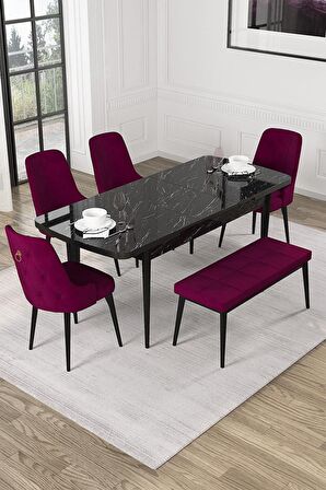 Rovena Mateo Siyah Mermer 80x132 Açılabilir Suntalam Yemek Odası Takımı 4 Adet Sandalye+1 Bench