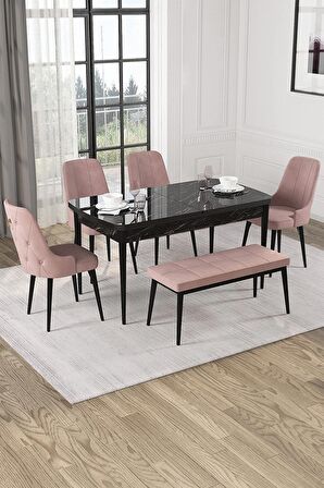 Rovena Mateo Siyah Mermer 80x132 Açılabilir Suntalam Yemek Odası Takımı 4 Adet Sandalye+1 Bench