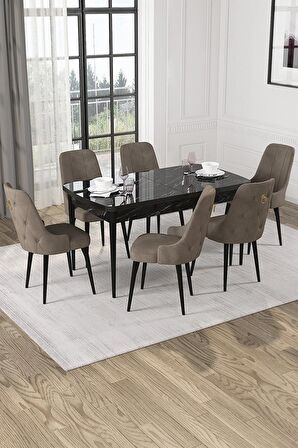 Rovena Mateo Siyah Mermer 80x132 Açılabilir Suntalam Yemek Odası Takımı 6 Adet Sandalye