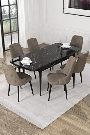 Rovena Mateo Siyah Mermer 80x132 Açılabilir Suntalam Yemek Odası Takımı 6 Adet Sandalye
