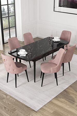 Rovena Mateo Siyah Mermer 80x132 Açılabilir Suntalam Yemek Odası Takımı 6 Adet Sandalye