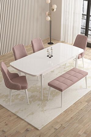 Rovena Queen Beyaz 80x132 Açılabilir Suntalam Yemek Odası Takımı 4 Adet Sandalye+1 Bench