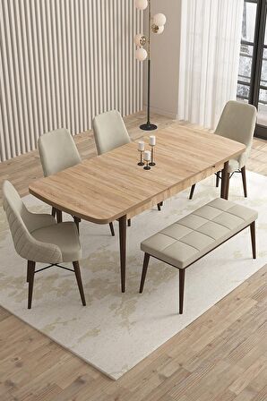 Rovena Queen Meşe 80x132 Açılabilir Suntalam Yemek Odası Takımı 4 Adet Sandalye+1 Bench