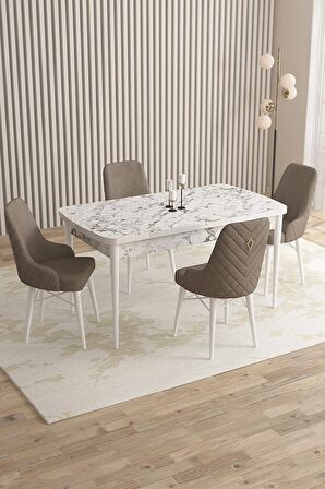 Rovena Queen Beyaz Mermer 80x132 Açılabilir Suntalam Yemek Odası Takımı 4 Adet Sandalye