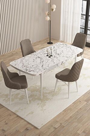 Rovena Queen Beyaz Mermer 80x132 Açılabilir Suntalam Yemek Odası Takımı 4 Adet Sandalye