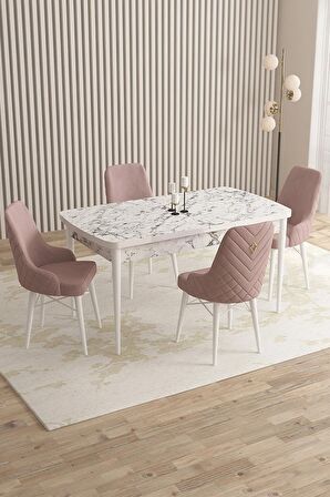 Rovena Queen Beyaz Mermer 80x132 Açılabilir Suntalam Yemek Odası Takımı 4 Adet Sandalye
