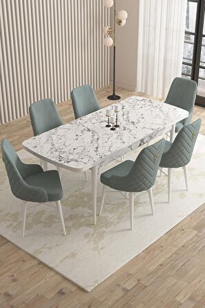 Rovena Queen Beyaz Mermer 80x132 Açılabilir Suntalam Yemek Odası Takımı 6 Adet Sandalye