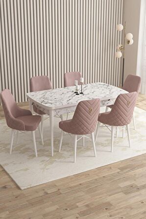 Rovena Queen Beyaz Mermer 80x132 Açılabilir Suntalam Yemek Odası Takımı 6 Adet Sandalye