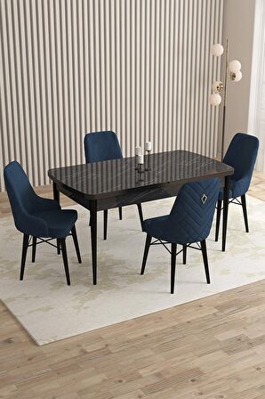 Rovena Queen Siyah Mermer 80x132 Açılabilir Suntalam Yemek Odası Takımı 4 Adet Sandalye