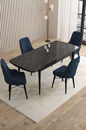 Rovena Queen Siyah Mermer 80x132 Açılabilir Suntalam Yemek Odası Takımı 4 Adet Sandalye