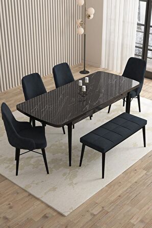 Rovena Queen Siyah Mermer 80x132 Açılabilir Suntalam Yemek Odası Takımı 4 Adet Sandalye+1 Bench