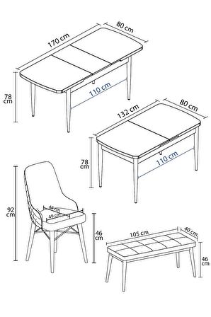 Rovena Queen Siyah Mermer 80x132 Açılabilir Suntalam Yemek Odası Takımı 4 Adet Sandalye+1 Bench