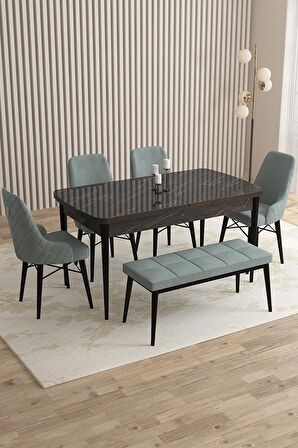 Rovena Queen Siyah Mermer 80x132 Açılabilir Suntalam Yemek Odası Takımı 4 Adet Sandalye+1 Bench
