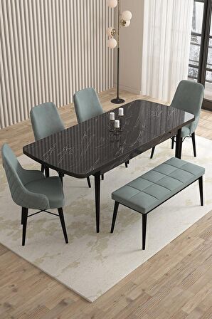 Rovena Queen Siyah Mermer 80x132 Açılabilir Suntalam Yemek Odası Takımı 4 Adet Sandalye+1 Bench