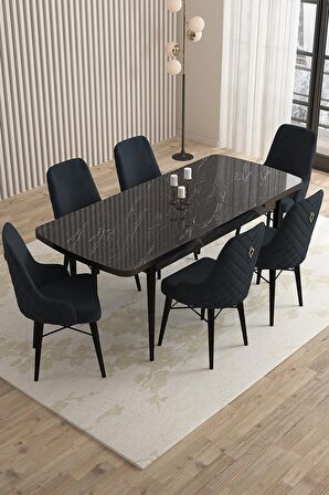 Rovena Queen Siyah Mermer 80x132 Açılabilir Suntalam Yemek Odası Takımı 6 Adet Sandalye