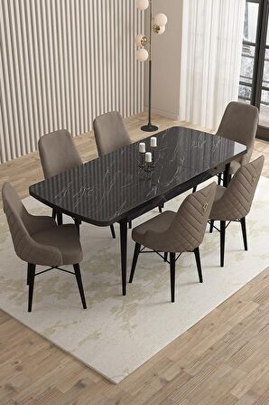 Rovena Queen Siyah Mermer 80x132 Açılabilir Suntalam Yemek Odası Takımı 6 Adet Sandalye