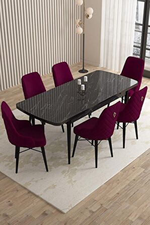 Rovena Queen Siyah Mermer 80x132 Açılabilir Suntalam Yemek Odası Takımı 6 Adet Sandalye