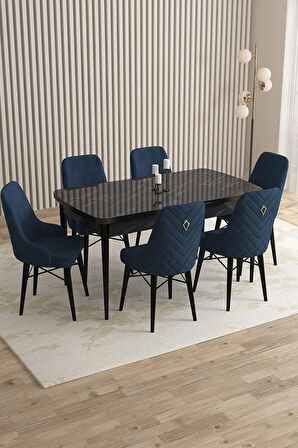 Rovena Queen Siyah Mermer 80x132 Açılabilir Suntalam Yemek Odası Takımı 6 Adet Sandalye