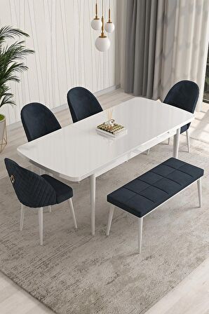 Rovena Modica Beyaz 80x132 Açılabilir Suntalam Yemek Odası Takımı 4 Adet Sandalye+1 Bench