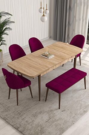 Rovena Modica Meşe 80x132 Açılabilir Suntalam Yemek Odası Takımı 4 Adet Sandalye+1 Bench