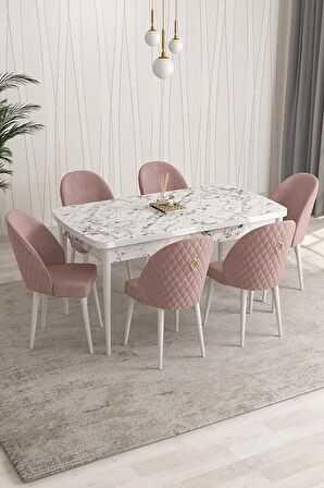 Rovena Modica Beyaz Mermer 80x132 Açılabilir Suntalam Yemek Odası Takımı 6 Adet Sandalye