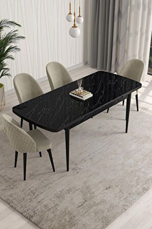 Rovena Modica Siyah Mermer 80x132 Açılabilir Suntalam Yemek Odası Takımı 4 Adet Sandalye