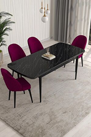 Rovena Modica Siyah Mermer 80x132 Açılabilir Suntalam Yemek Odası Takımı 4 Adet Sandalye