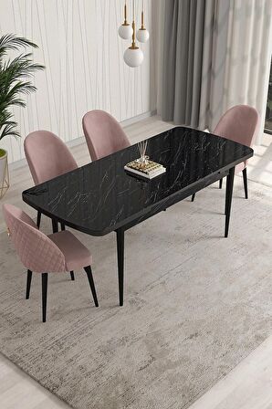 Rovena Modica Siyah Mermer 80x132 Açılabilir Suntalam Yemek Odası Takımı 4 Adet Sandalye