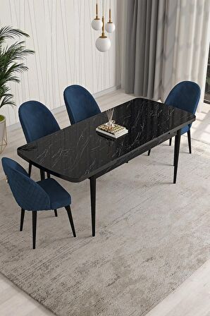 Rovena Modica Siyah Mermer 80x132 Açılabilir Suntalam Yemek Odası Takımı 4 Adet Sandalye