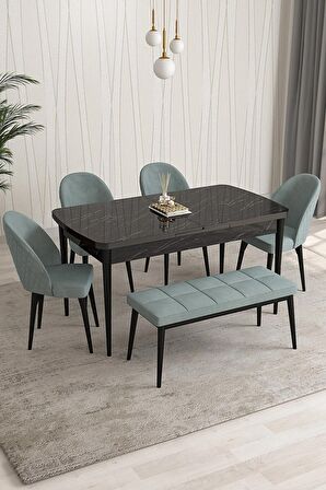 Rovena Modica Siyah Mermer 80x132 Açılabilir Suntalam Yemek Odası Takımı 4 Adet Sandalye+1 Bench