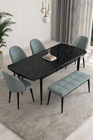 Rovena Modica Siyah Mermer 80x132 Açılabilir Suntalam Yemek Odası Takımı 4 Adet Sandalye+1 Bench