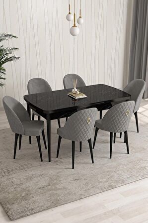 Rovena Modica Siyah Mermer 80x132 Açılabilir Suntalam Yemek Odası Takımı 6 Adet Sandalye
