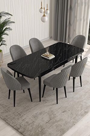Rovena Modica Siyah Mermer 80x132 Açılabilir Suntalam Yemek Odası Takımı 6 Adet Sandalye